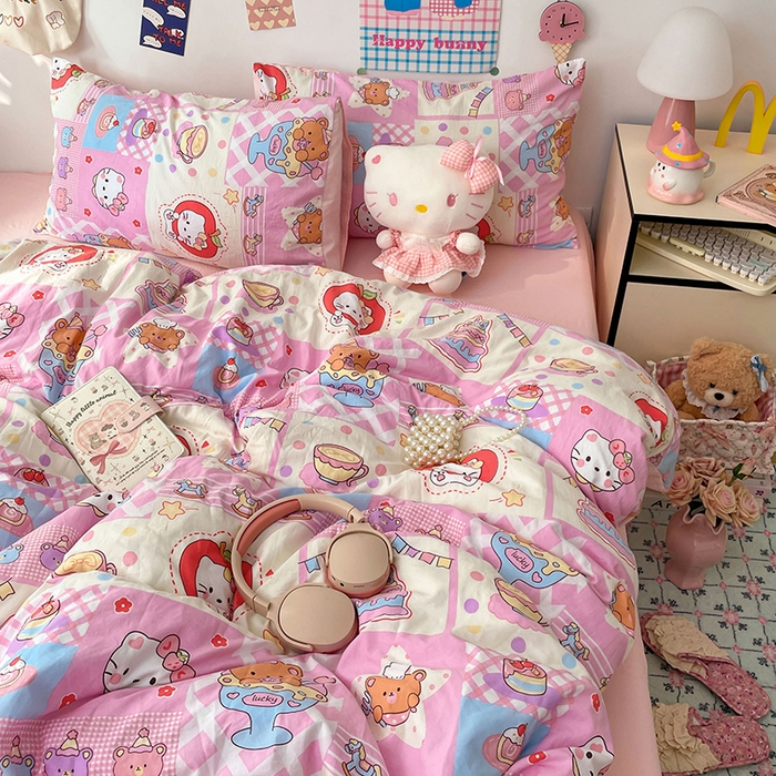 91家纺网 家纺一手货源 找家纺 （总）梦卓家纺 2025新款超柔水洗棉印花双层纱卡通小清新四件套