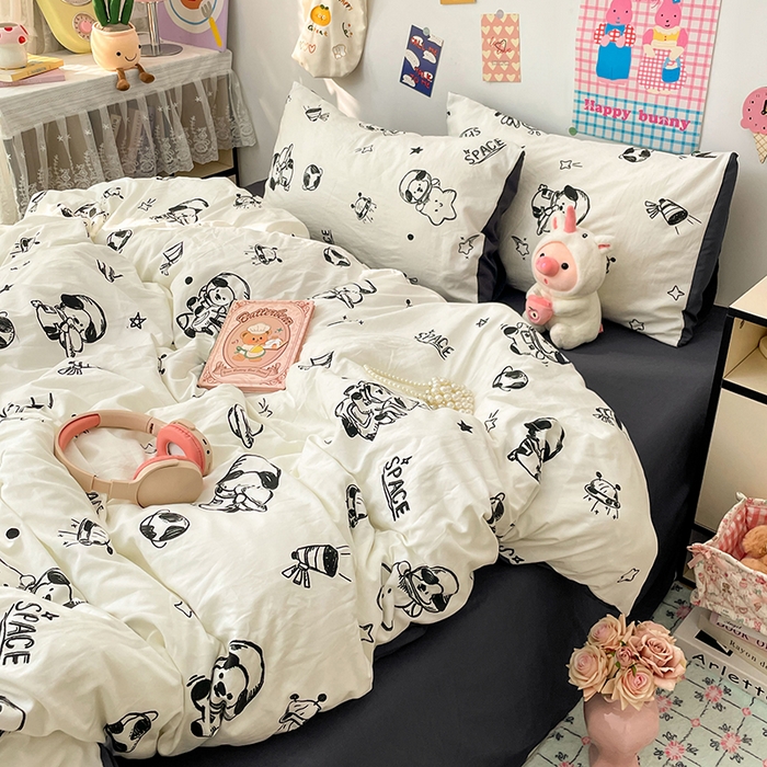 91家纺网 家纺一手货源 找家纺 （总）梦卓家纺 2025新款超柔水洗棉印花双层纱卡通小清新四件套