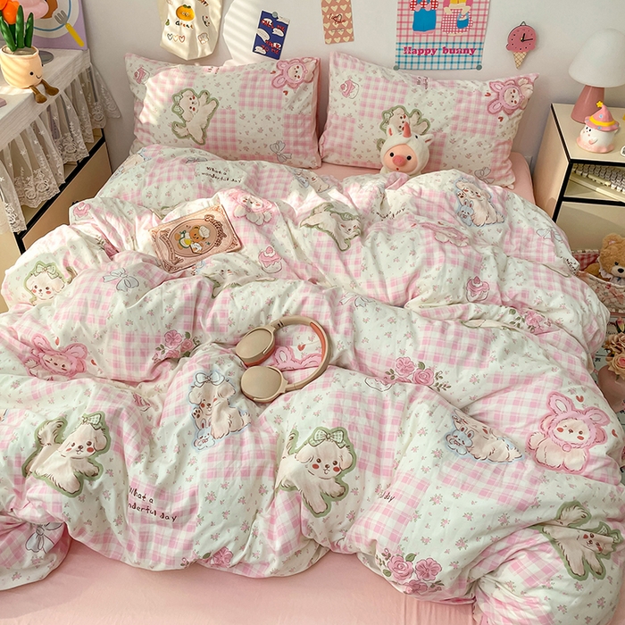 91家纺网 家纺一手货源 找家纺 梦卓家纺 2025新款超柔水洗棉印花双层纱卡通小清新四件套 奶萌小狗