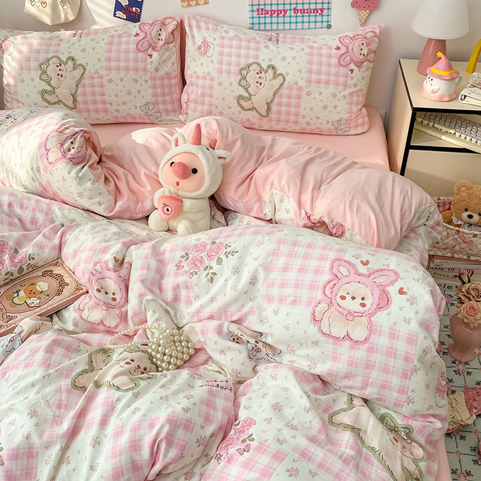 91家纺网 家纺一手货源 找家纺 梦卓家纺 2025新款超柔水洗棉印花双层纱卡通小清新四件套 奶萌小狗