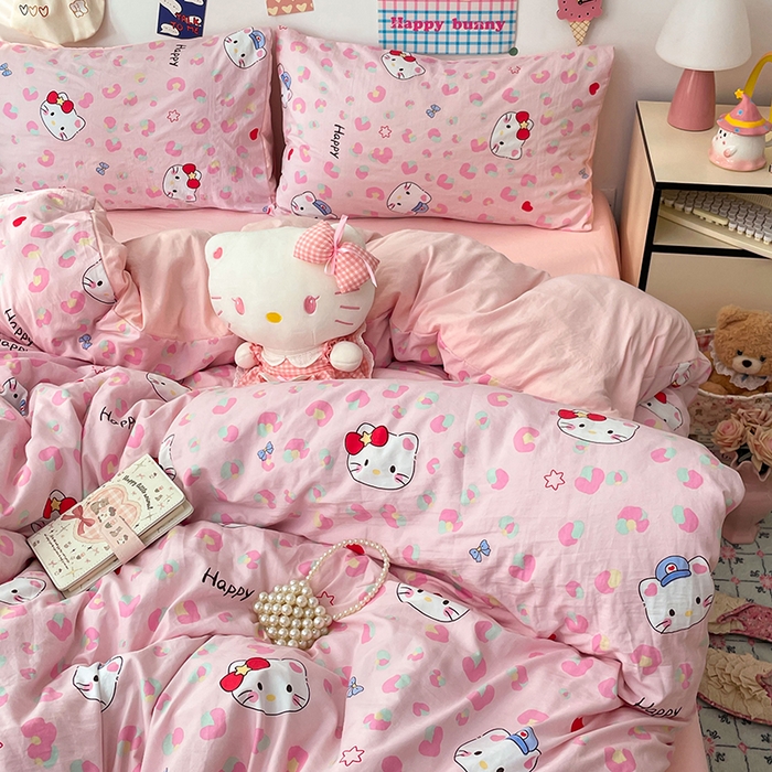 91家纺网 家纺一手货源 找家纺 梦卓家纺 2025新款超柔水洗棉印花双层纱卡通小清新四件套 豹纹KT