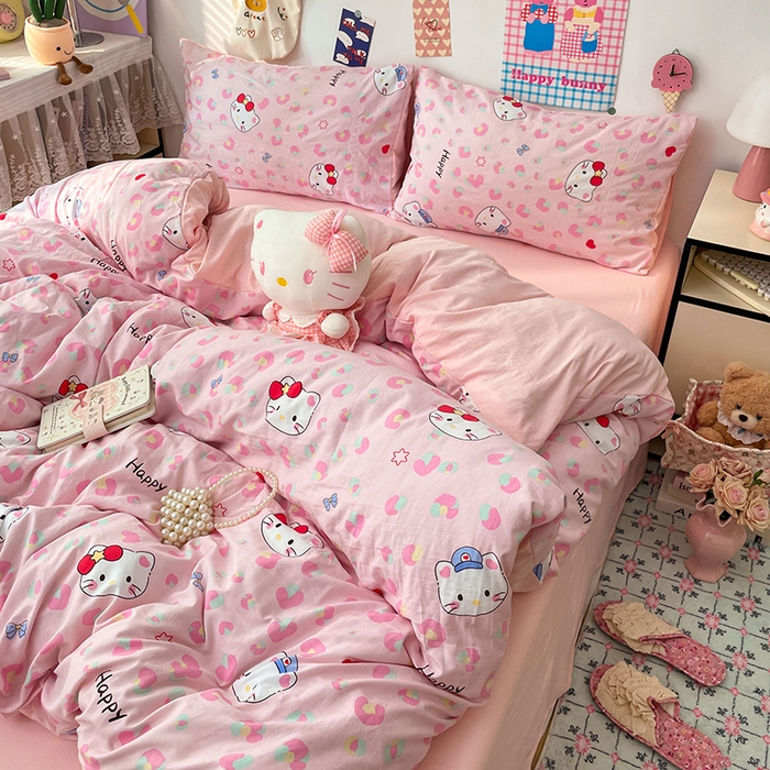 91家纺网 家纺一手货源 找家纺 梦卓家纺 2025新款超柔水洗棉印花双层纱卡通小清新四件套 豹纹KT