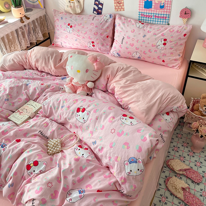 91家纺网 家纺一手货源 找家纺 梦卓家纺 2025新款超柔水洗棉印花双层纱卡通小清新四件套 豹纹KT