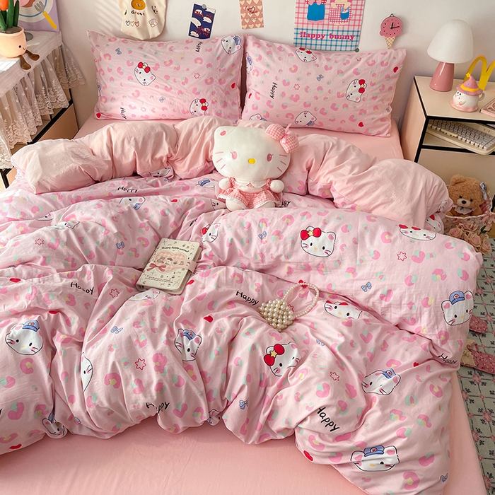 91家纺网 家纺一手货源 找家纺 梦卓家纺 2025新款超柔水洗棉印花双层纱卡通小清新四件套 豹纹KT