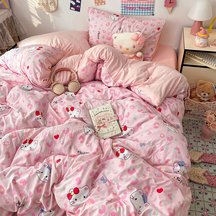 91家纺网 家纺一手货源 找家纺 梦卓家纺 2025新款超柔水洗棉印花双层纱卡通小清新四件套 豹纹KT