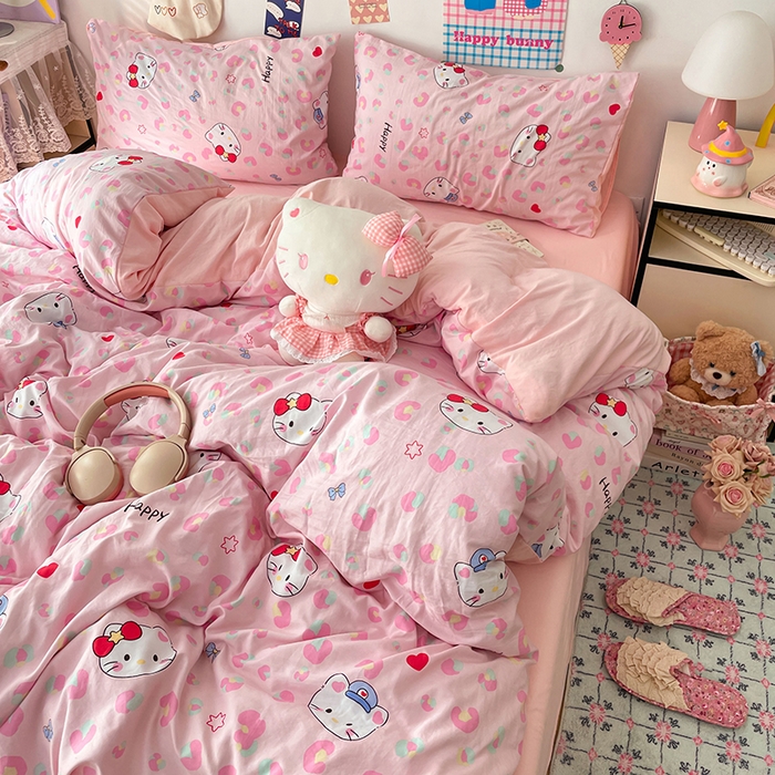 91家纺网 家纺一手货源 找家纺 梦卓家纺 2025新款超柔水洗棉印花双层纱卡通小清新四件套 豹纹KT