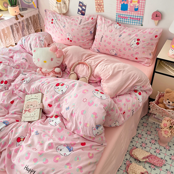 91家纺网 家纺一手货源 找家纺 梦卓家纺 2025新款超柔水洗棉印花双层纱卡通小清新四件套 豹纹KT