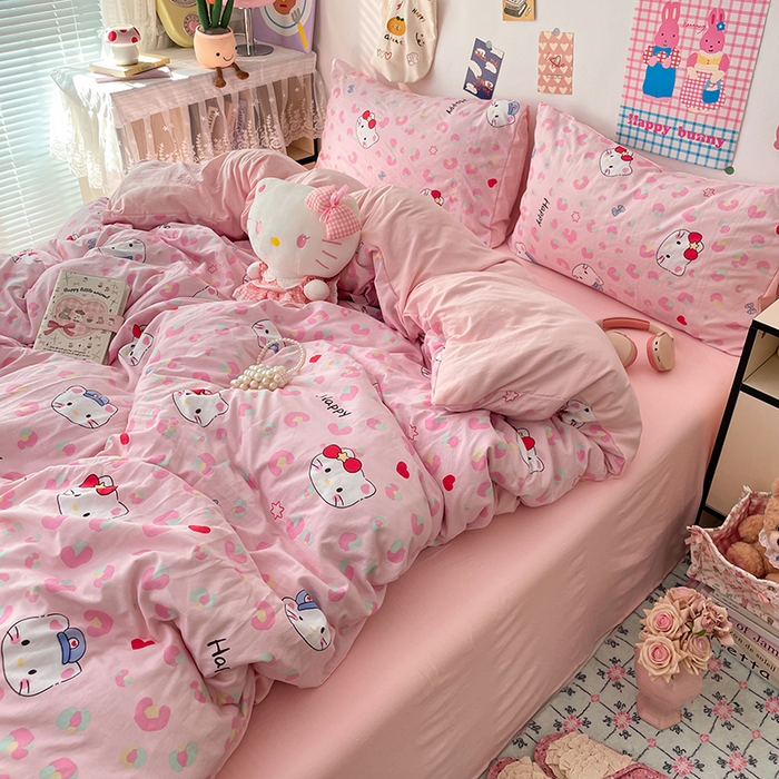 91家纺网 家纺一手货源 找家纺 梦卓家纺 2025新款超柔水洗棉印花双层纱卡通小清新四件套 豹纹KT