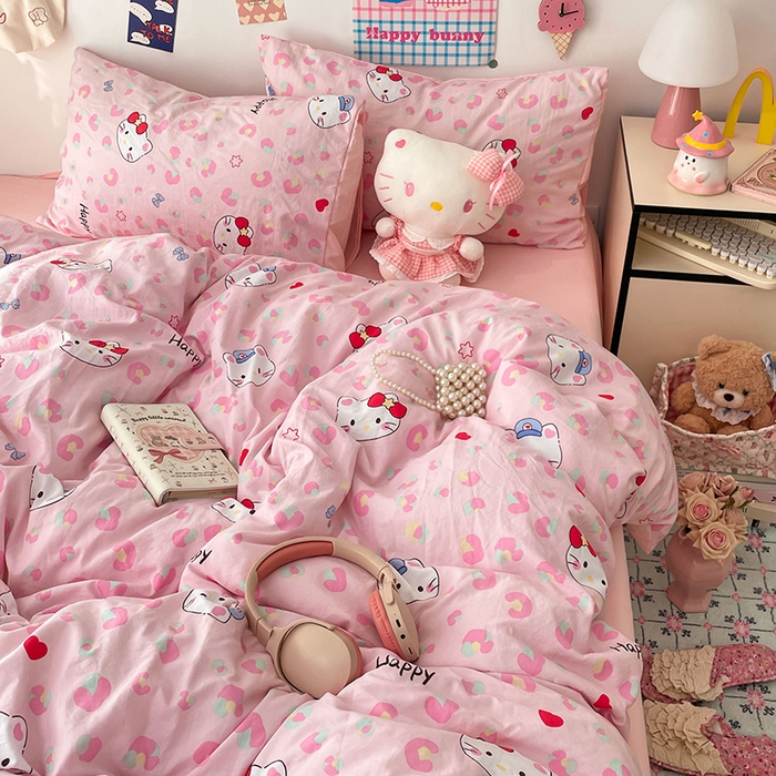 91家纺网 家纺一手货源 找家纺 梦卓家纺 2025新款超柔水洗棉印花双层纱卡通小清新四件套 豹纹KT