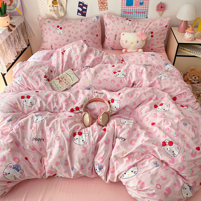 91家纺网 家纺一手货源 找家纺 梦卓家纺 2025新款超柔水洗棉印花双层纱卡通小清新四件套 豹纹KT