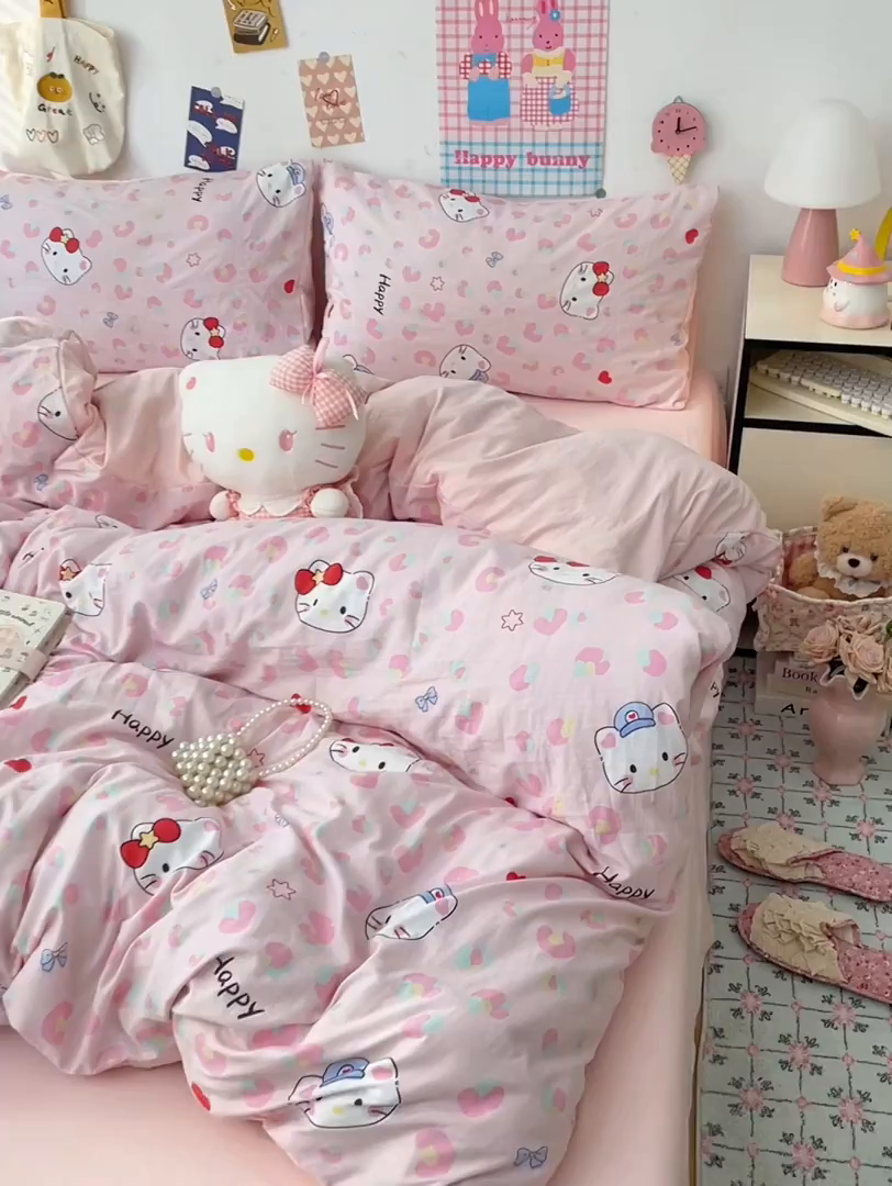 91家纺网 家纺一手货源 找家纺 梦卓家纺 2025新款超柔水洗棉印花双层纱卡通小清新四件套 豹纹KT