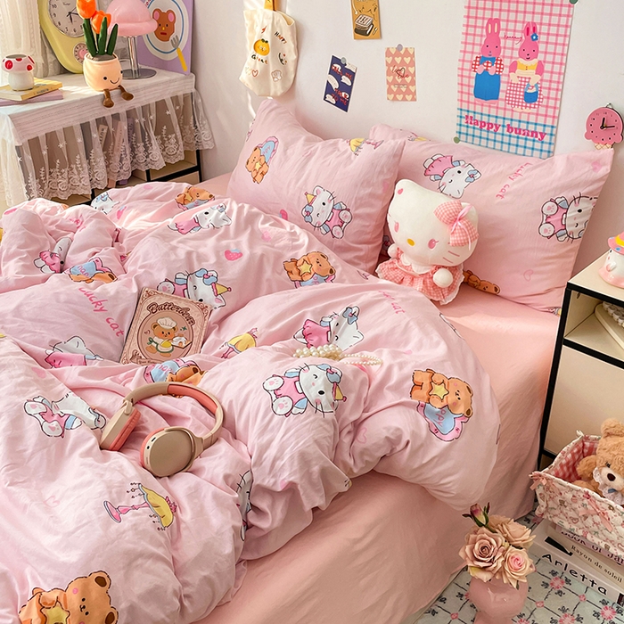 梦卓家纺 2025新款超柔水洗棉印花双层纱卡通小清新四件套 草莓凯蒂