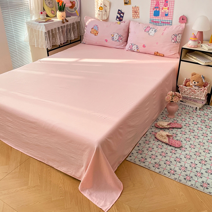 91家纺网 家纺一手货源 找家纺 梦卓家纺 2025新款超柔水洗棉印花双层纱卡通小清新四件套 草莓凯蒂