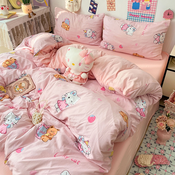 91家纺网 家纺一手货源 找家纺 梦卓家纺 2025新款超柔水洗棉印花双层纱卡通小清新四件套 草莓凯蒂