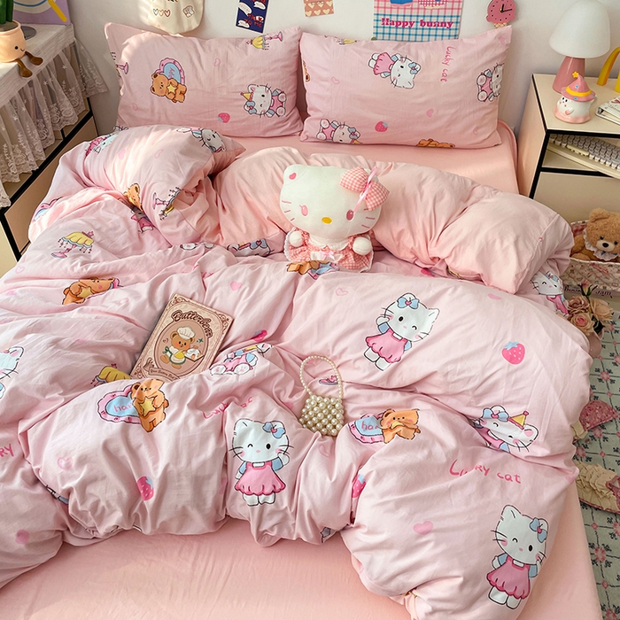 91家纺网 家纺一手货源 找家纺 梦卓家纺 2025新款超柔水洗棉印花双层纱卡通小清新四件套 草莓凯蒂