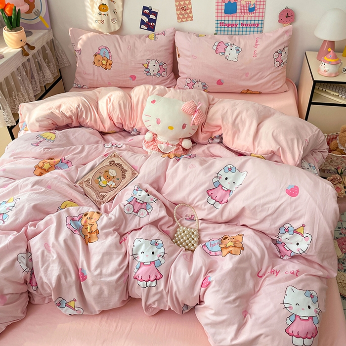 91家纺网 家纺一手货源 找家纺 梦卓家纺 2025新款超柔水洗棉印花双层纱卡通小清新四件套 草莓凯蒂