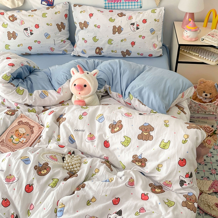 91家纺网 家纺一手货源 找家纺 梦卓家纺 2025新款超柔水洗棉印花双层纱卡通小清新四件套 动物乐园