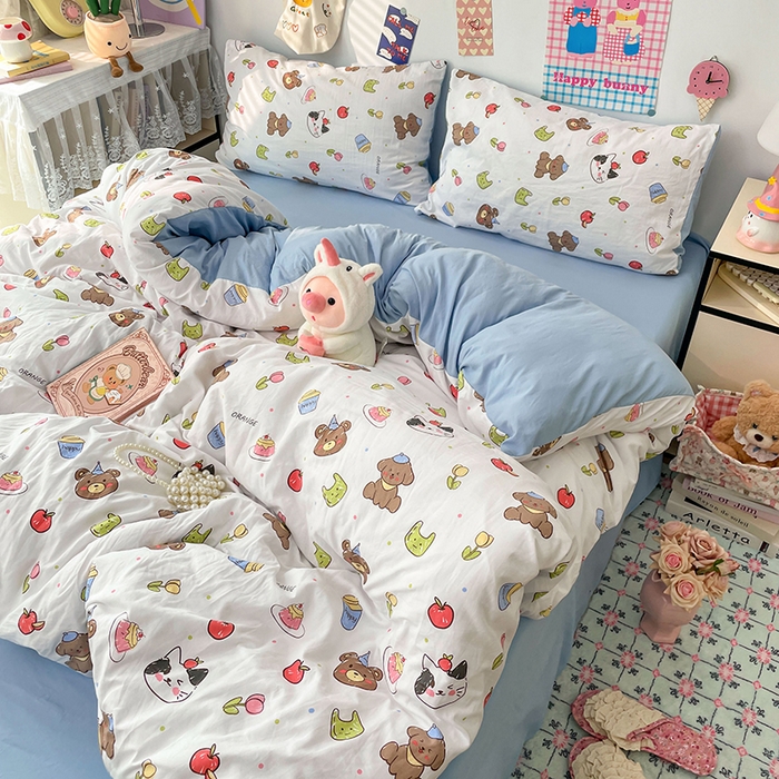 91家纺网 家纺一手货源 找家纺 梦卓家纺 2025新款超柔水洗棉印花双层纱卡通小清新四件套 动物乐园