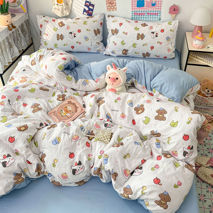 91家纺网 家纺一手货源 找家纺 梦卓家纺 2025新款超柔水洗棉印花双层纱卡通小清新四件套 动物乐园