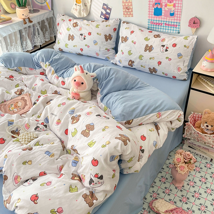 91家纺网 家纺一手货源 找家纺 梦卓家纺 2025新款超柔水洗棉印花双层纱卡通小清新四件套 动物乐园