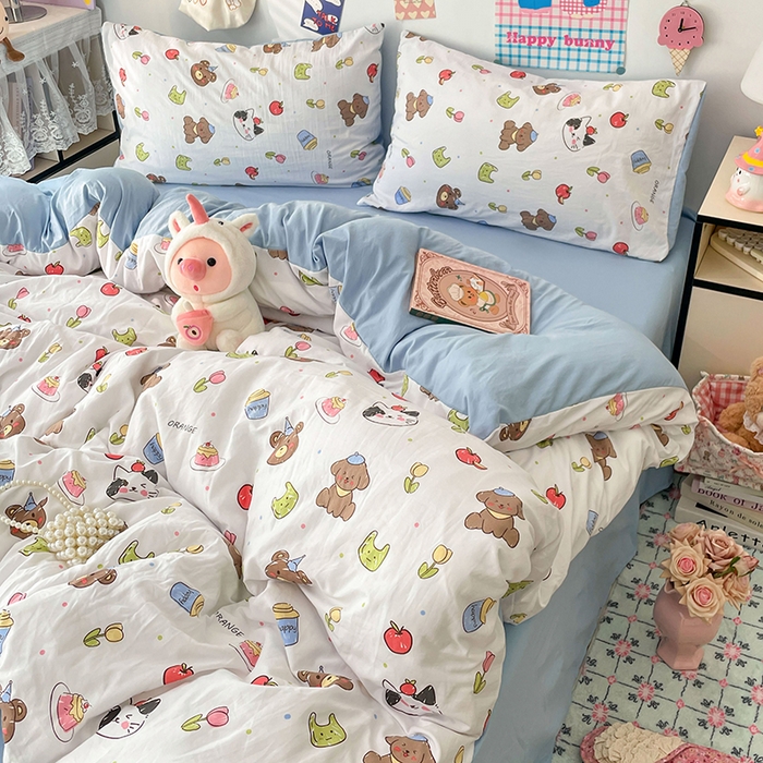 91家纺网 家纺一手货源 找家纺 梦卓家纺 2025新款超柔水洗棉印花双层纱卡通小清新四件套 动物乐园