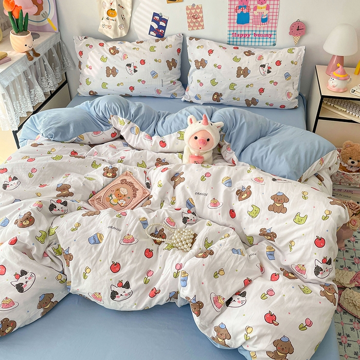 91家纺网 家纺一手货源 找家纺 梦卓家纺 2025新款超柔水洗棉印花双层纱卡通小清新四件套 动物乐园