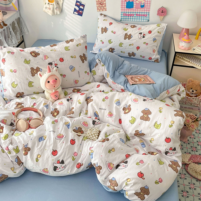 91家纺网 家纺一手货源 找家纺 梦卓家纺 2025新款超柔水洗棉印花双层纱卡通小清新四件套 动物乐园