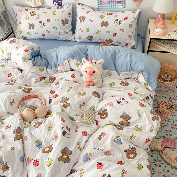 91家纺网 家纺一手货源 找家纺 梦卓家纺 2025新款超柔水洗棉印花双层纱卡通小清新四件套 动物乐园