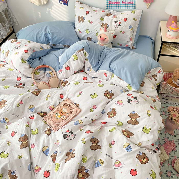 91家纺网 家纺一手货源 找家纺 梦卓家纺 2025新款超柔水洗棉印花双层纱卡通小清新四件套 动物乐园