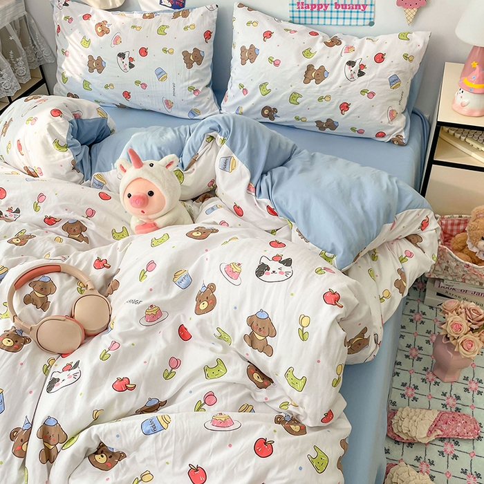 91家纺网 家纺一手货源 找家纺 梦卓家纺 2025新款超柔水洗棉印花双层纱卡通小清新四件套 动物乐园