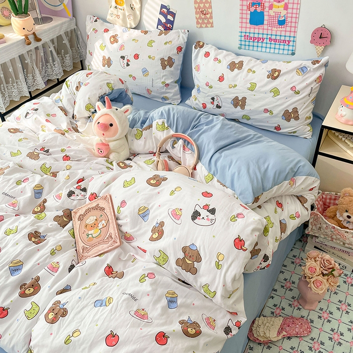 91家纺网 家纺一手货源 找家纺 梦卓家纺 2025新款超柔水洗棉印花双层纱卡通小清新四件套 动物乐园