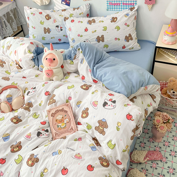 91家纺网 家纺一手货源 找家纺 梦卓家纺 2025新款超柔水洗棉印花双层纱卡通小清新四件套 动物乐园