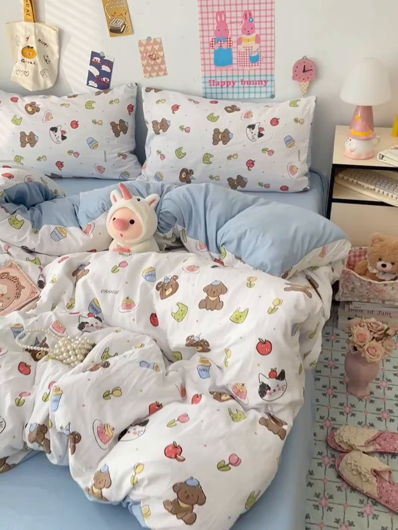 91家纺网 家纺一手货源 找家纺 梦卓家纺 2025新款超柔水洗棉印花双层纱卡通小清新四件套 动物乐园