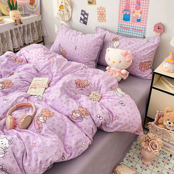 梦卓家纺 2025新款超柔水洗棉印花双层纱卡通小清新四件套 滑板KT