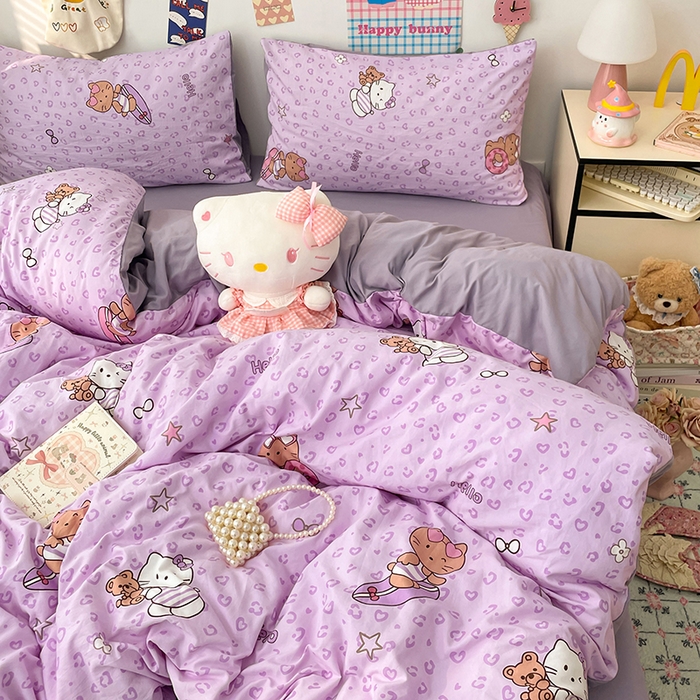 91家纺网 家纺一手货源 找家纺 梦卓家纺 2025新款超柔水洗棉印花双层纱卡通小清新四件套 滑板KT