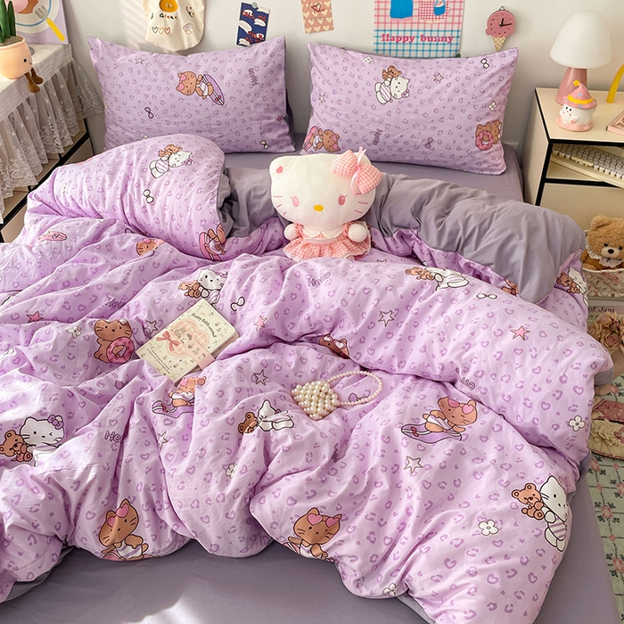 91家纺网 家纺一手货源 找家纺 梦卓家纺 2025新款超柔水洗棉印花双层纱卡通小清新四件套 滑板KT