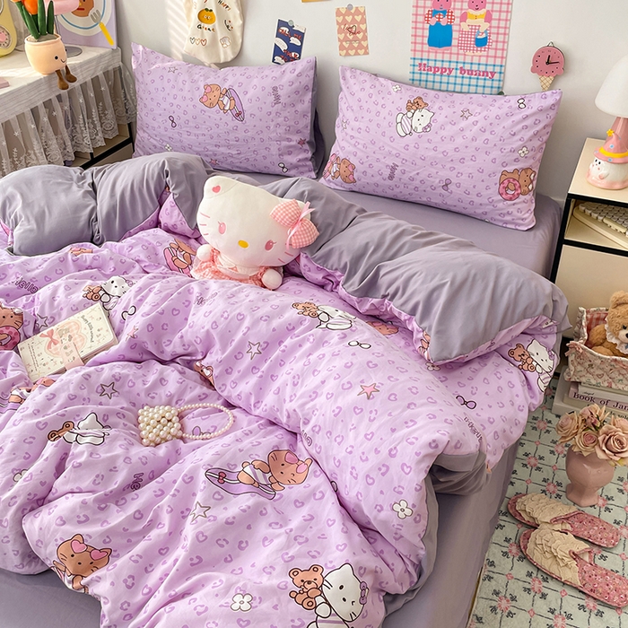 91家纺网 家纺一手货源 找家纺 梦卓家纺 2025新款超柔水洗棉印花双层纱卡通小清新四件套 滑板KT