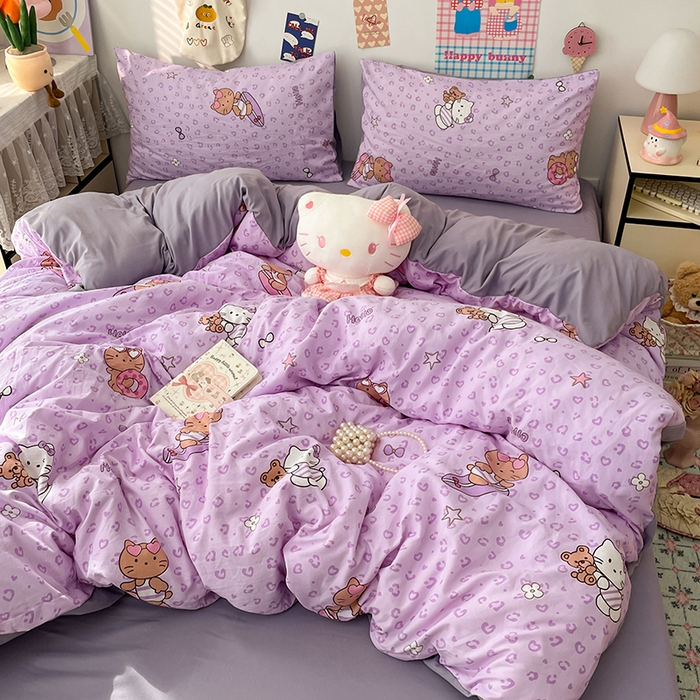 91家纺网 家纺一手货源 找家纺 梦卓家纺 2025新款超柔水洗棉印花双层纱卡通小清新四件套 滑板KT