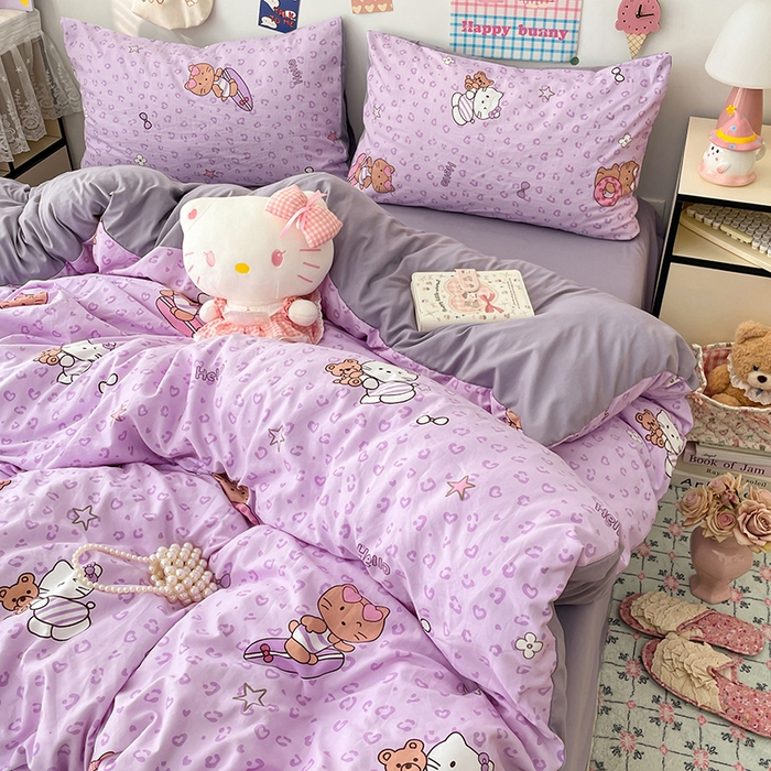 91家纺网 家纺一手货源 找家纺 梦卓家纺 2025新款超柔水洗棉印花双层纱卡通小清新四件套 滑板KT