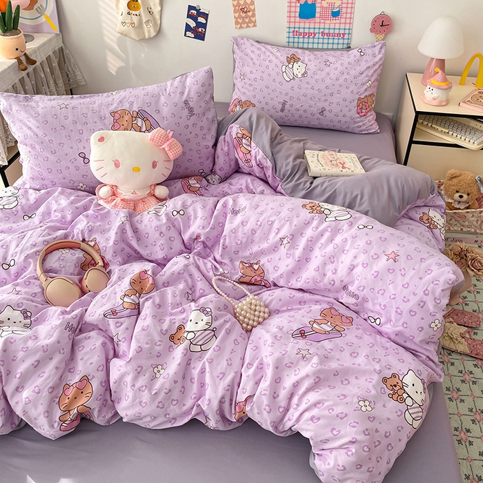 91家纺网 家纺一手货源 找家纺 梦卓家纺 2025新款超柔水洗棉印花双层纱卡通小清新四件套 滑板KT