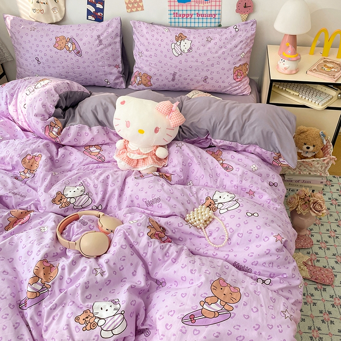 91家纺网 家纺一手货源 找家纺 梦卓家纺 2025新款超柔水洗棉印花双层纱卡通小清新四件套 滑板KT