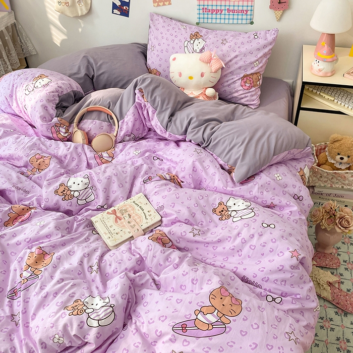 91家纺网 家纺一手货源 找家纺 梦卓家纺 2025新款超柔水洗棉印花双层纱卡通小清新四件套 滑板KT