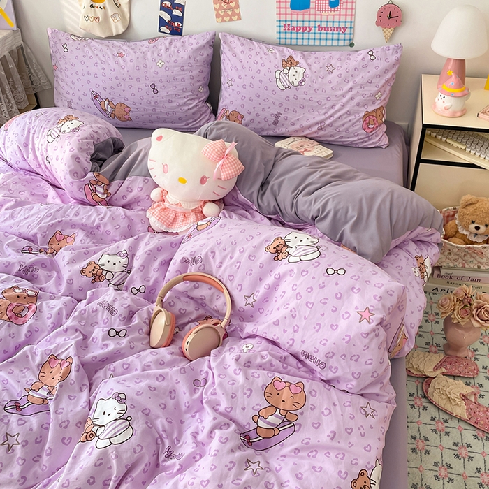 91家纺网 家纺一手货源 找家纺 梦卓家纺 2025新款超柔水洗棉印花双层纱卡通小清新四件套 滑板KT