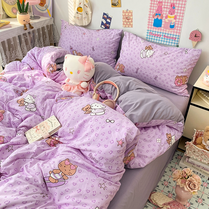 91家纺网 家纺一手货源 找家纺 梦卓家纺 2025新款超柔水洗棉印花双层纱卡通小清新四件套 滑板KT