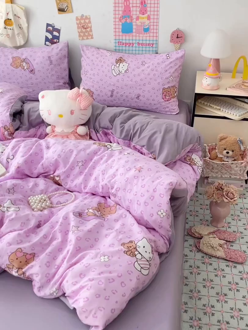 91家纺网 家纺一手货源 找家纺 梦卓家纺 2025新款超柔水洗棉印花双层纱卡通小清新四件套 滑板KT