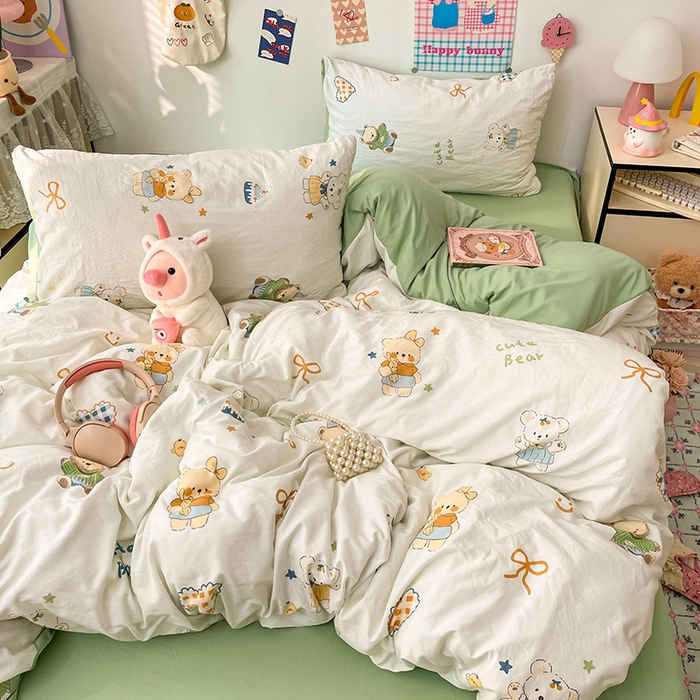 91家纺网 家纺一手货源 找家纺 梦卓家纺 2025新款超柔水洗棉印花双层纱卡通小清新四件套 黄油小奶熊