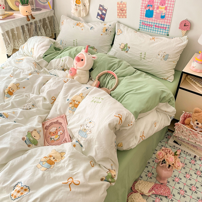 91家纺网 家纺一手货源 找家纺 梦卓家纺 2025新款超柔水洗棉印花双层纱卡通小清新四件套 黄油小奶熊