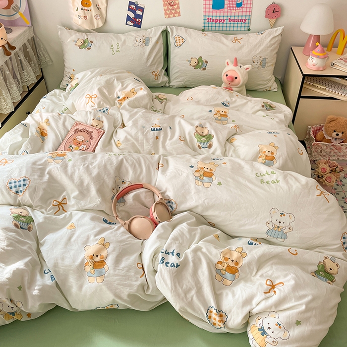 91家纺网 家纺一手货源 找家纺 梦卓家纺 2025新款超柔水洗棉印花双层纱卡通小清新四件套 黄油小奶熊