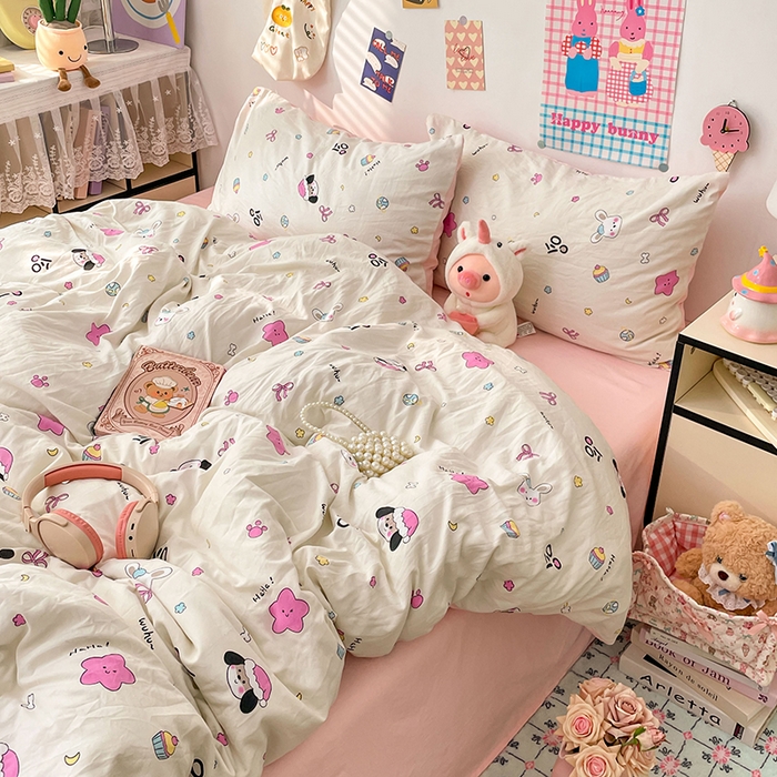 梦卓家纺 2025新款超柔水洗棉印花双层纱卡通小清新四件套 卡哇伊