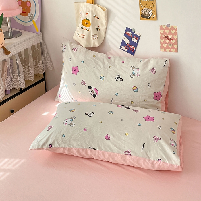 91家纺网 家纺一手货源 找家纺 梦卓家纺 2025新款超柔水洗棉印花双层纱卡通小清新四件套 卡哇伊